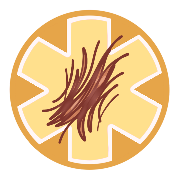 a yellow circle with a large medical alert asterisk inside it, and a small pile of brown fur pictured in the center.